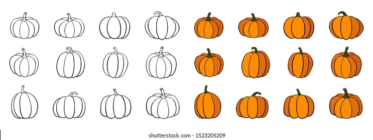 Set of pumpkins and line contours isolated on white background; Hand drawn outline squash sketch for Halloween; Thanksgiving Day symbol collection farm harvest; Vector illustration; Flat icons pack