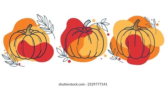 Set with pumpkins. Line drawing of pumpkins on red and yellow spots with branches. Autumn stickers. Halloween.