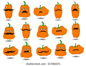 Set of pumpkins with mustache for Halloween on a white background. Vector EPS
