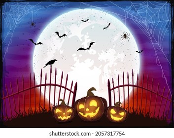 Set of Pumpkins near the fence on purple and red Moon background. Holiday card with Jack O Lanterns, bats and spiders. Illustration in cartoon style for holiday design, decoration, cards, banner