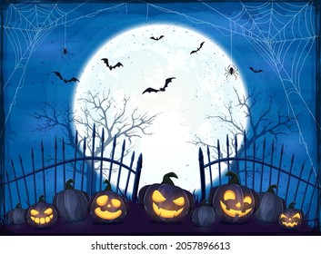 Set of Pumpkins near the fence on blue Moon background. Holiday card with Jack O Lanterns, bats and spiders. Illustration in cartoon style can be used for holiday design, decoration, cards, banner