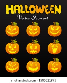 Set of pumpkins on Black background. The main symbol of the Happy Halloween holiday. Orange pumpkin with smile for your design for the holiday Halloween. Vector illustration.
