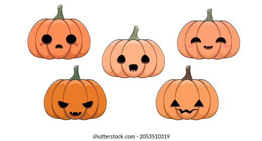 Set of pumpkins on white background. The symbol of the Happy Halloween holiday. Orange pumpkin with smile and other funny faces. Vector illustration.