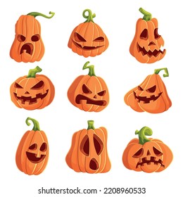 Set of pumpkins on a white background. Orange pumpkins with different expressions smiling, angry, sad for your designs for Halloween holidays. Vector illustration.