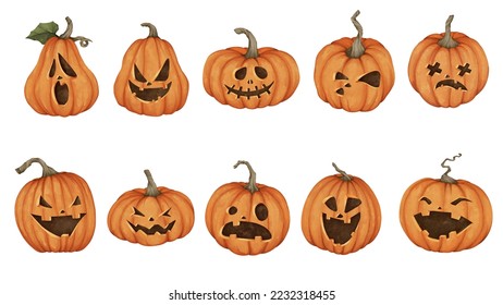 Set pumpkins on white background, orange pumpkins with smiles. For your design. for the holidays halloween vector illustration