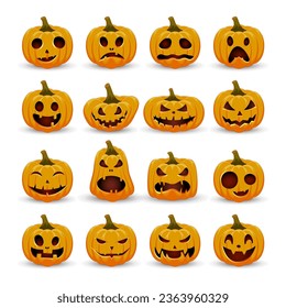 Set pumpkins on white background. The main symbol of the Happy Halloween holiday. Orange pumpkins with smile for your design for the holiday Halloween. Vector illustration.