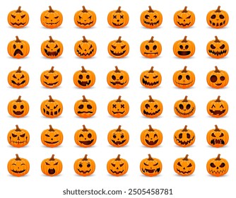 Set pumpkins on white background. The main symbol of the Happy Halloween holiday. Orange and white pumpkin with smile for your design for the holiday Halloween. Vector illustration.