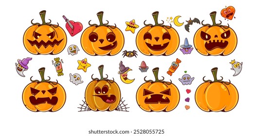 Set pumpkins on white transparent background. Orange pumpkins with smile, ghosts, spiders, witch hats for your design for the holiday Halloween. October holiday design elements. Vector illustration.