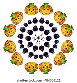 Set pumpkins, owls and spiders. Collection with different emotions. Happy Vector Halloween