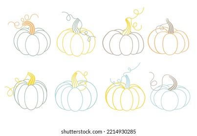 Conjunto de calabazas en colores pasteles aislados en fondo blanco. Elementos vectores de Acción de Gracias y Halloween. Eps 10