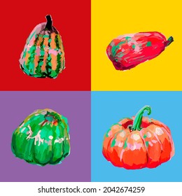 Set of pumpkins in pop art style. Vector illustration.