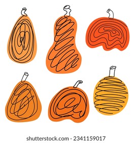 Conjunto de calabazas. Calabaza de diferentes formas y colores. Diseño de Acción de Gracias. Calabaza otoñal