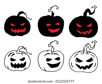 Conjunto de calabazas con ojos rojos. Silueta de contorno negro para Halloween. Clipart gráfico dibujado a mano. Silueta lineal con verduras para una decoración y diseño espeluznantes de vacaciones. Estilo Doodle simple.