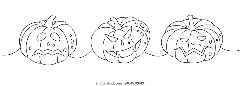 Set of pumpkins scary faces. Halloween pumpkins scary faces one line continuous drawing. Autumn halloween vegetables continuous one line illustration.
