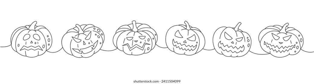 Un conjunto de calabazas rostros aterradores. Las calabazas de Halloween dan miedo a una línea de dibujo continuo. Las verduras de halloween del otoño son una ilustración continua de una línea.