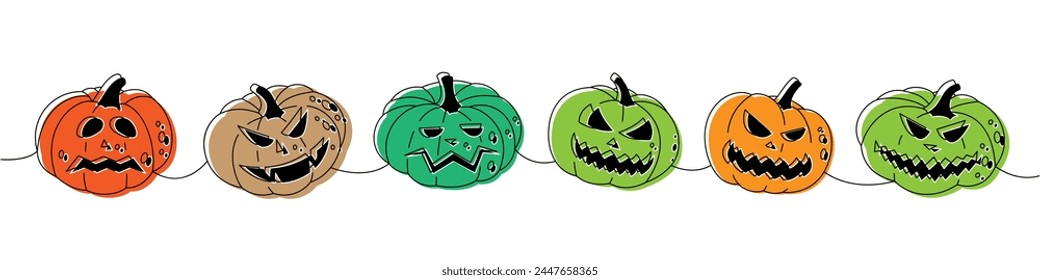 Conjunto de calabazas caras de miedo. Calabazas de Halloween caras de miedo una línea de dibujo continuo de color. Ilustración continua de una línea de verduras de Halloween