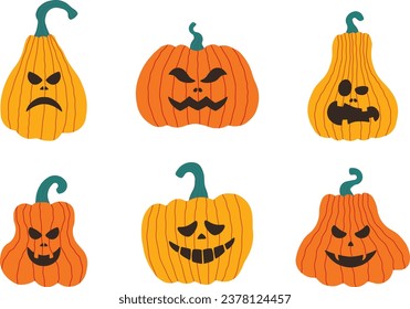 Set of pumpkins with scary faces . The main symbol of Halloween holiday. Orange pumpkin for holiday design. Vector elements for postcards, banners, invitations
