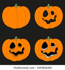 Set of pumpkins with scary faces on a black background