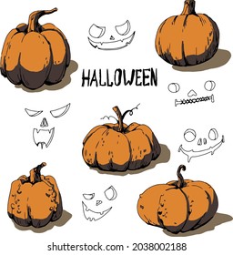Set with pumpkins and scary smiles on a white background. Vector set for Halloween party invitations. Set of Halloween social media templates. Colorful banners with Halloween illustrations 