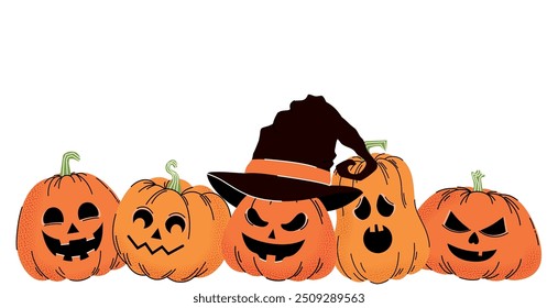 Set of pumpkins. Sinister elements. Halloween. Background. Hand drawn. Trendy doodle style. Vector. Horror. Ghost. Autumn. October 31. Saints' Day. Stickers and icons. Jack o lantern. Template for web