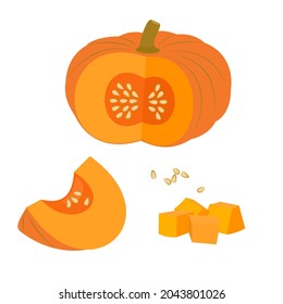 Conjunto de calabazas y calabazas en rodajas (enteras, trozos) aisladas sobre fondo blanco. Ilustración del vector 