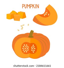 Set of pumpkins and sliced pumpkins (whole, slice, pieces) isolated on white background. Vector illustration 