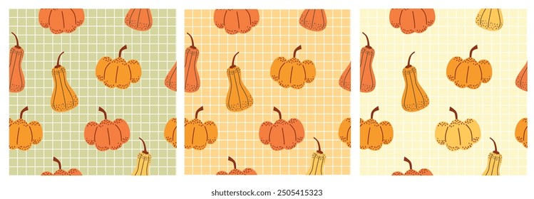 Set of pumpkins and squash patterns. Vegetables on grid background. Autumn harvest design. 