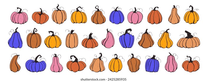 Set pumpkins, squash vector symbols illustrations. Retro 90s style pumpkins, halloween squash, fall harvest gourds. Autumn thanksgiving and halloween pumpkins collection.