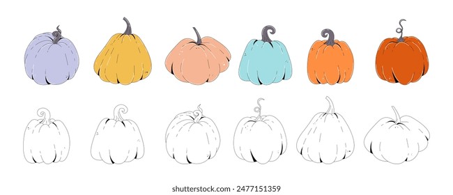 A set of pumpkins in various shapes, black and colored. Elements for autumn decorative design, halloween invitation, Thanksgiving day,harvest. Vector cute hand drawn pumpkins on transparent background