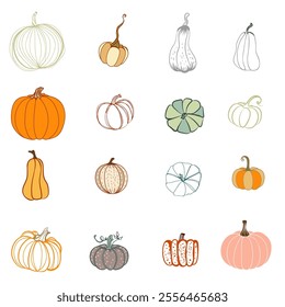 A set of pumpkins in various shapes, black outlined and colored. Vector collection of cute hand drawn pumpkins on white background