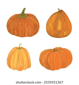 Set of pumpkins. Vector. Autumn pumpkin symbol for Halloween or Thanksgiving. Flat design. Orange pumpkin silhouette on white background.