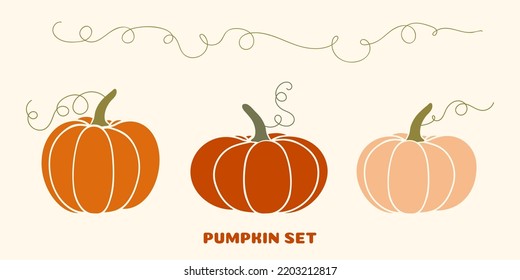 Set of pumpkins. Vector illustration of autumn ripe cozy squash. Thanksgiving day background. Hygge time. Halloween party kitchen linen  decor with cartoon pumpkin