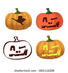 A set of pumpkins. Vector illustration for Halloween. A stork on a pumpkin. Emotions for the feast.