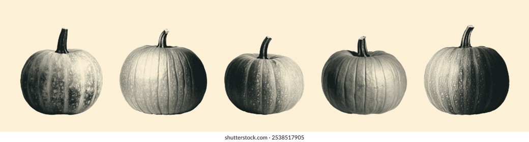 Set of pumpkins in vintage halftone effect. Grunge photocopy texture. Minimalistic and retro elements for mixed media collage. Perfect for autumn designs, Halloween decor, and seasonal invitations.