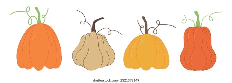 Conjunto de calabazas en cálidos colores otoñales. Verduras otoñales. Elementos de diseño otoñal para afiches, invitaciones, cubiertas, pancartas, folletos y carteles. Ilustración vectorial.