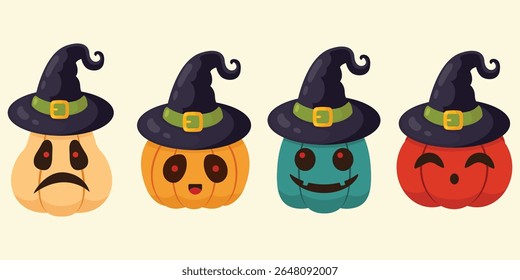 A set of pumpkins wearing witch hats. Smiling pumpkins. Halloween design. Vector flat illustration.