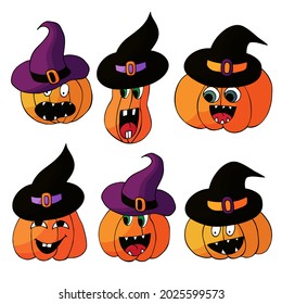 Set of pumpkins in witch hats hand draw style. Collection of vector illustrations for Halloween design. Cartoon style