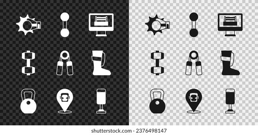 Set Punch in boxing glove, Dumbbell, Boxing ring, Weight, helmet, Punching bag,  and Sport expander icon. Vector