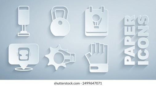 Set Punch in boxing glove, Boxing, helmet, MMA, Weight and Punching bag icon. Vector