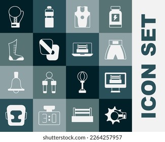 Set Punch in boxing glove, Boxing ring, short, jersey and t-shirt, training paws, Sport shoes,  and  icon. Vector