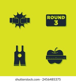 Set Punch in boxing gloves, Apple and measuring tape, Wrestling singlet and Boxing board icon. Vector