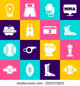 Set Punch in boxing gloves, Award cup, Sport shoes, Boxing, Wrestling singlet, Apple and measuring tape, training paws and board icon. Vector