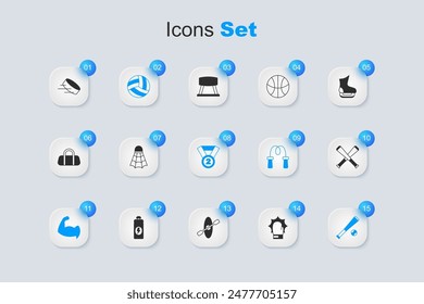 Set Punch in boxing gloves, Badminton shuttlecock, Volleyball ball, Bodybuilder showing his muscles, Baseball bat with, Crossed baseball, Hockey puck and Medal icon. Vector