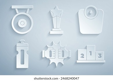 Set Punch in boxing gloves, Bathroom scales, Fitness shaker, Award over sports winner podium, cup and Gong icon. Vector