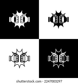 Set Punch in Boxhandschuhen Symbol einzeln auf schwarz-weißem Hintergrund. Boxhandschuhe, die mit Sprengstoff zusammenschlagen.  Vektorgrafik