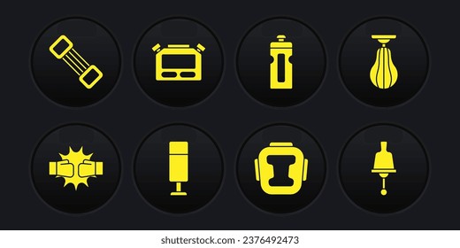 Set Punch in boxing gloves, Punching bag, Boxing helmet, Fitness shaker, Stopwatch, Ringing bell and Chest expander icon. Vector