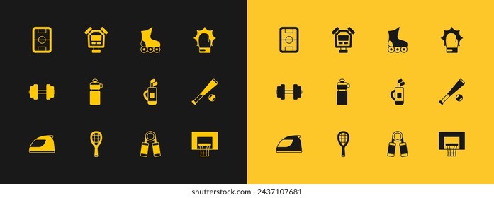 Set Punch in boxing gloves, Tennis racket, Golf bag with clubs, Sport expander, Fitness shaker, Roller skate, Football field and Stopwatch icon. Vector