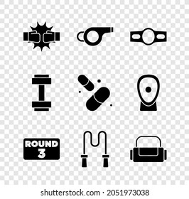 Set Punch in boxing gloves, Whistle, Boxing belt, ring board, Jump rope, Sport bag, Dumbbell and Vitamin pill icon. Vector