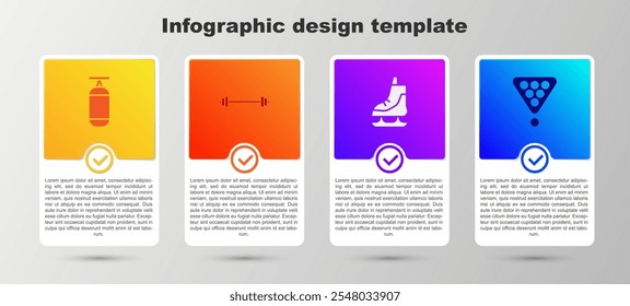Set Punching bag, Barbell, Skates and Billiard balls rack triangle. Business infographic template. Vector