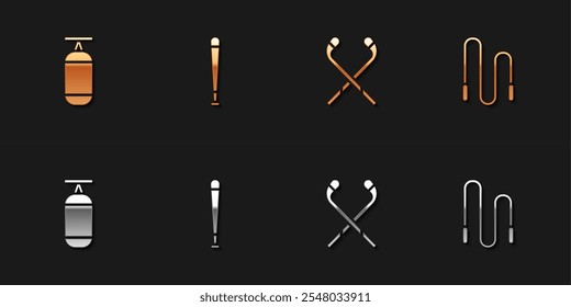 Set Punching bag, Baseball bat, Ice hockey sticks and Jump rope icon. Vector